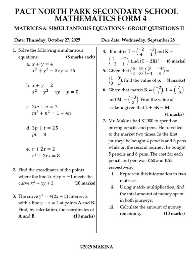 Math Form 4: Matrices & Equations | PDF | Matrix (Mathematics ...