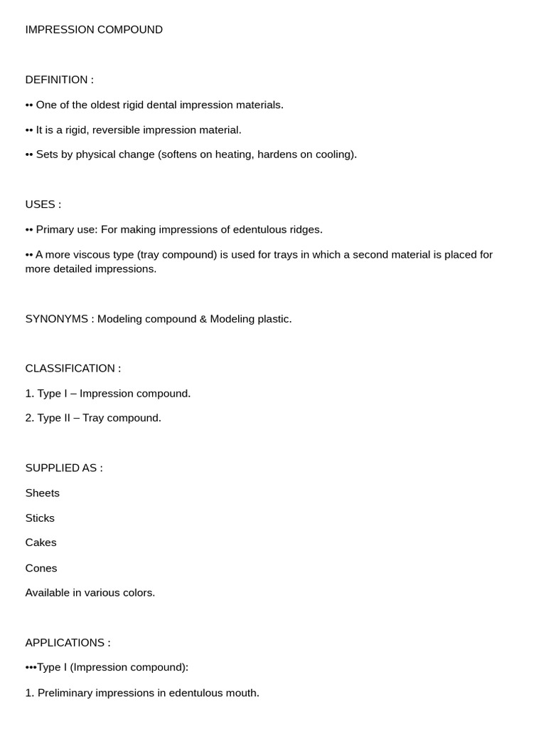 Impression Compound Overview | PDF | Materials