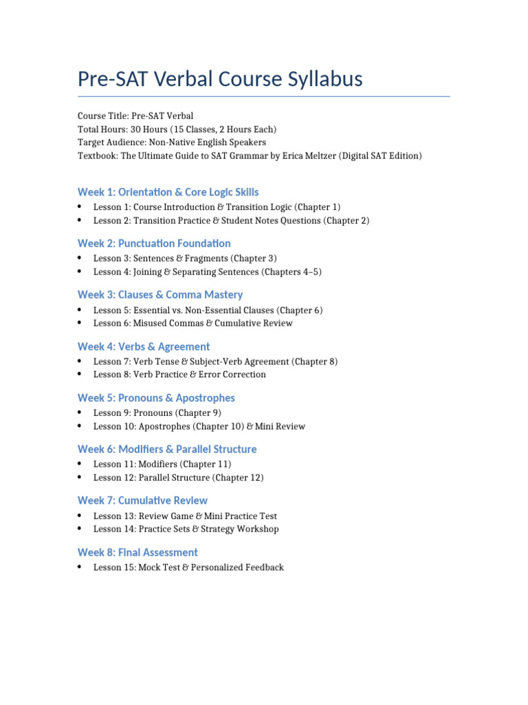 Pre-SAT Verbal Course Overview | PDF