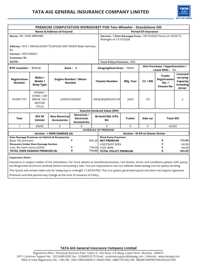Tata AIG Motor Premium Worksheet - 3187 - QT256120632369 | PDF ...