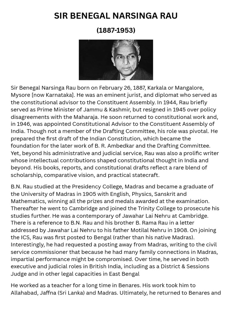 Sir Benegal Narsinga Rau: Constitutional Architect | PDF | Government ...
