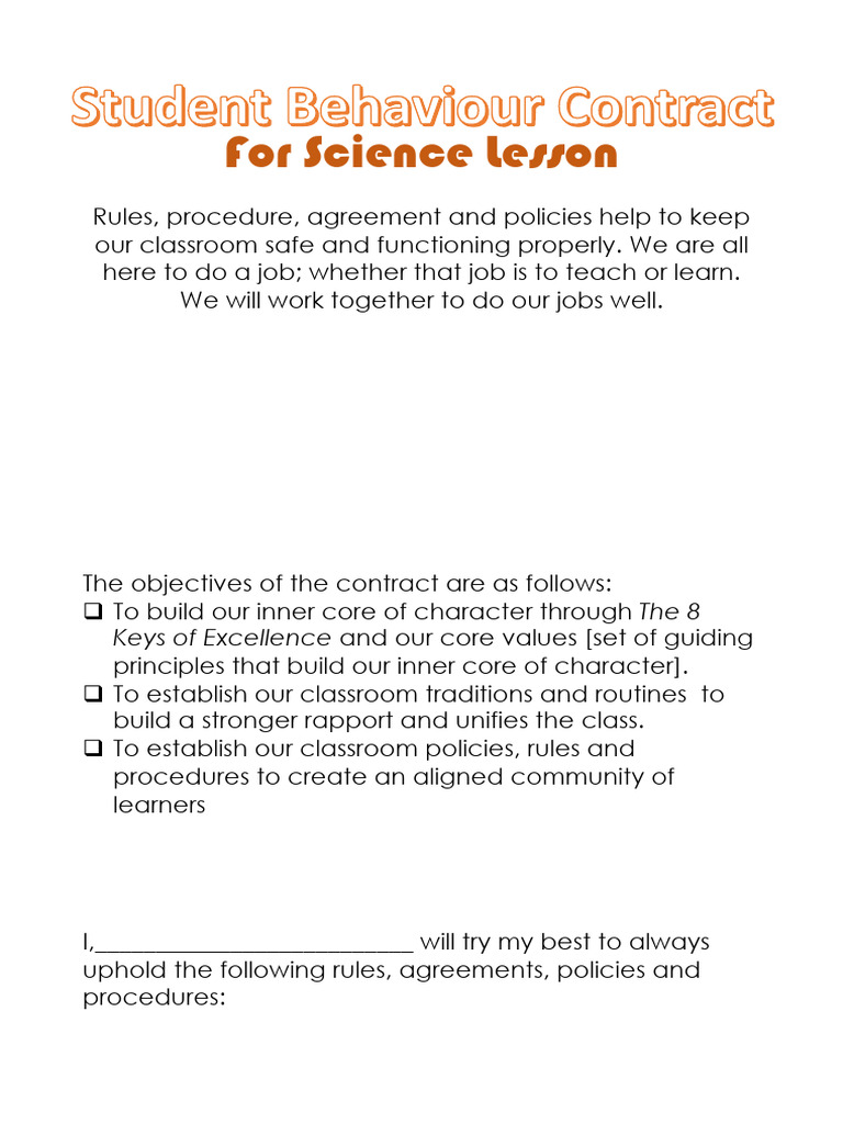 Sample Classroom Behavior Contract | PDF | Attitude (Psychology ...
