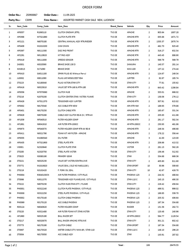 TVS OE Parts Order Summary | PDF | Vehicle Technology | Vehicle Parts