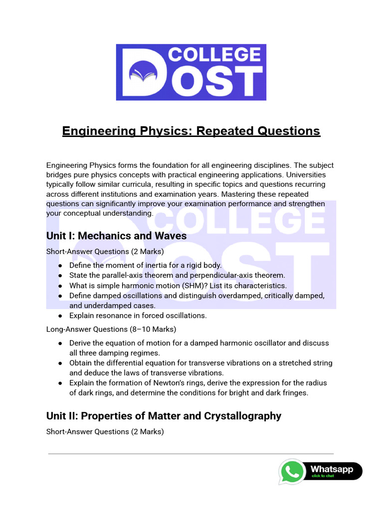 Engineering Physics Exam Questions Guide | PDF | Damping ...