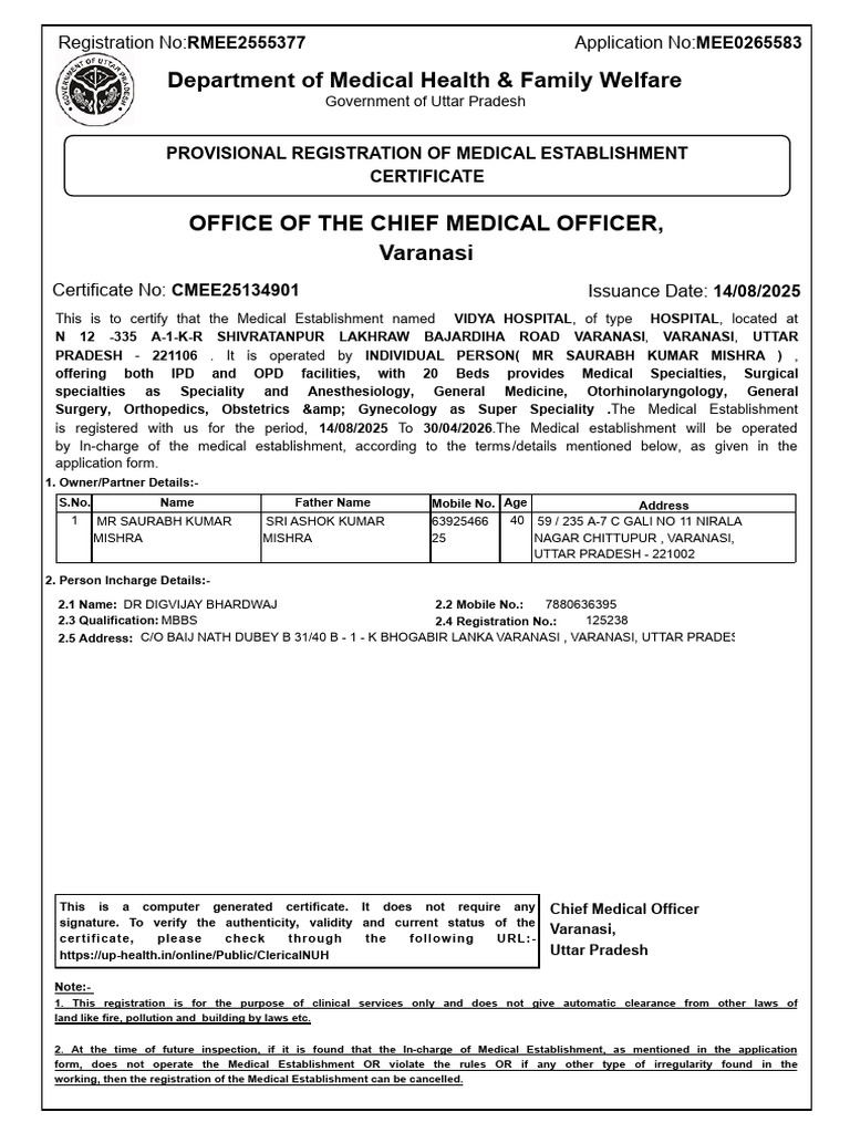 Provisional Medical Registration for Vidya Hospital | PDF | Health Care ...