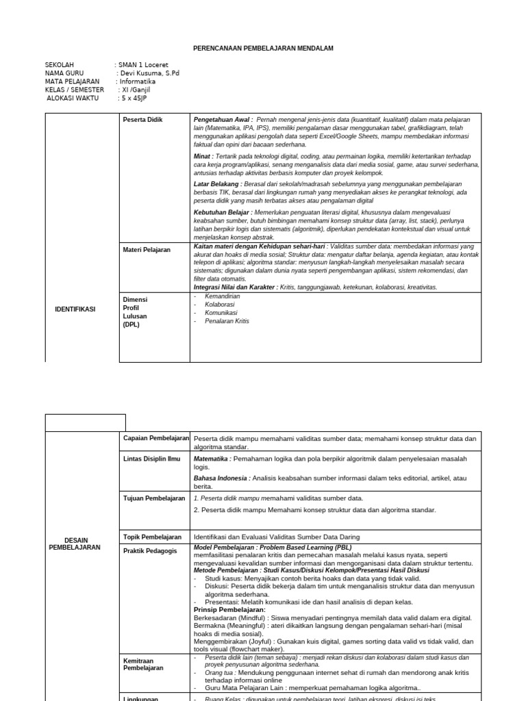 RPP Deep Learning untuk SMA XI | PDF