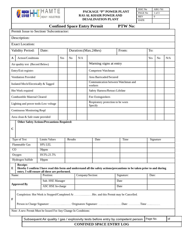 Confined Space Entry Permit Template | PDF | Safety | Gases