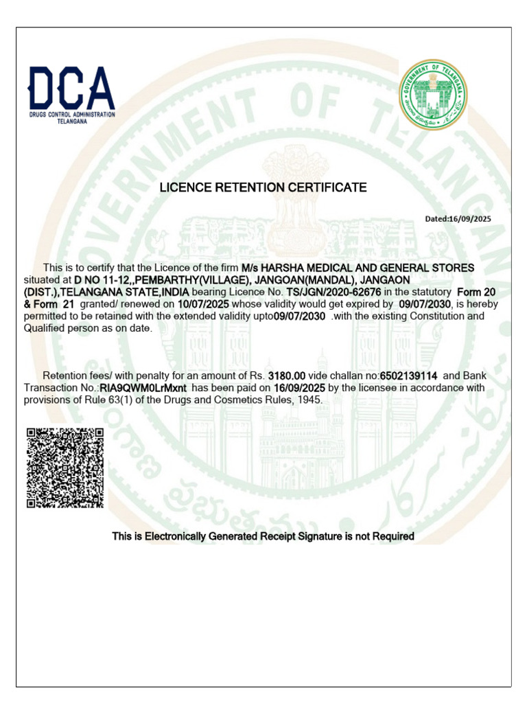 Telangana Licence Retention Certificate | PDF