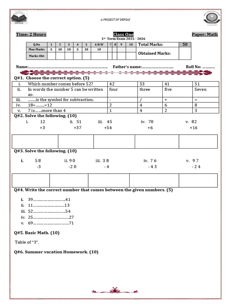 Class 1 Math Exam Paper 2025-2026 | PDF