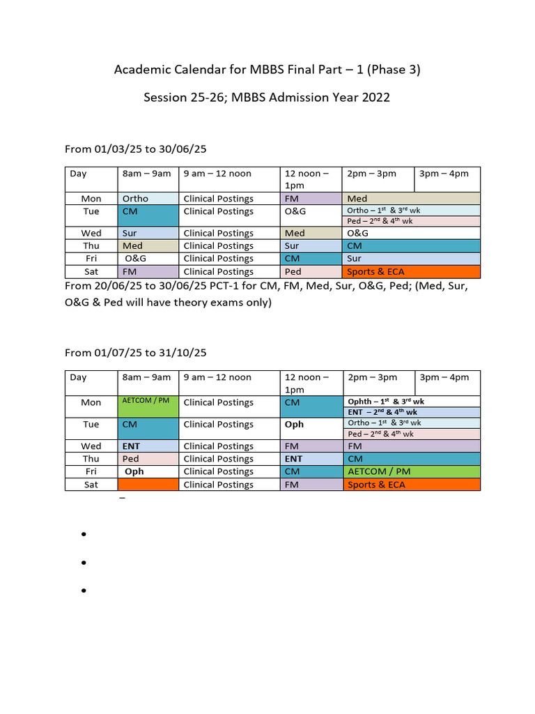 MBBS Final Part 1 Academic Calendar 2025 | PDF | Clinical Medicine ...