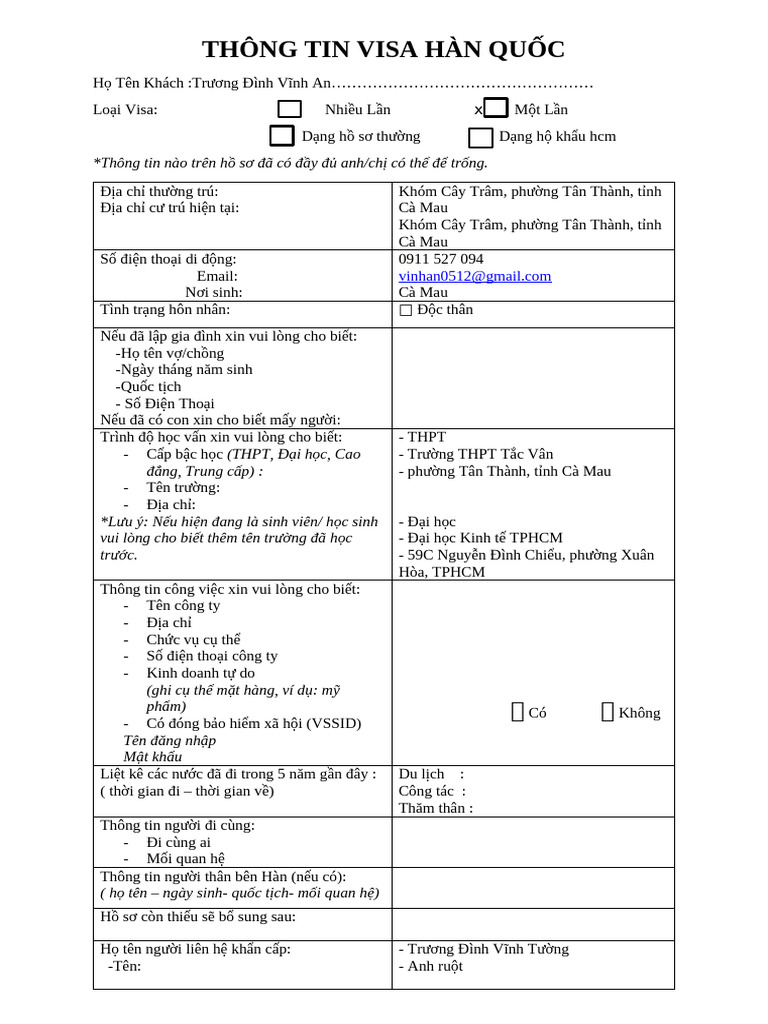 Form Khai Thông Tin Visa Hàn Quốc 2023 An | PDF