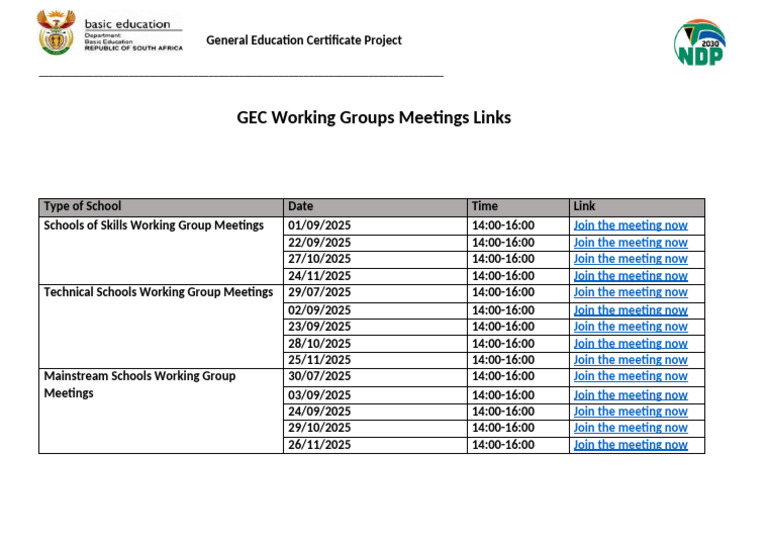 GEC Working Group Meetings Schedule and Links | PDF