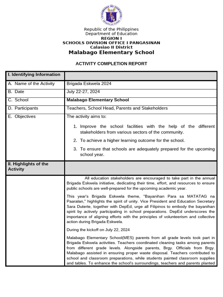 Brigada Eskwela 2024 Completion Report | PDF | Teachers | Schools