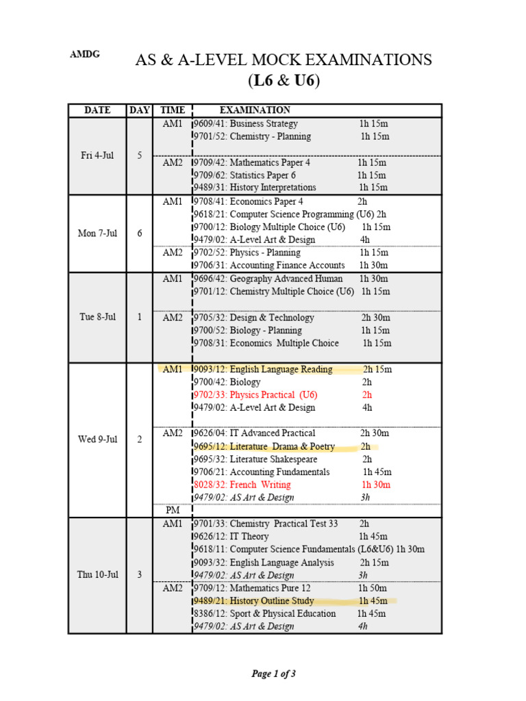 AS & A-Level Mock Exam Schedule | PDF | Science