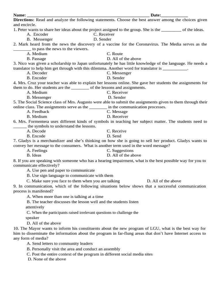 Communication Process Quiz Questions | PDF | Communication | Human ...