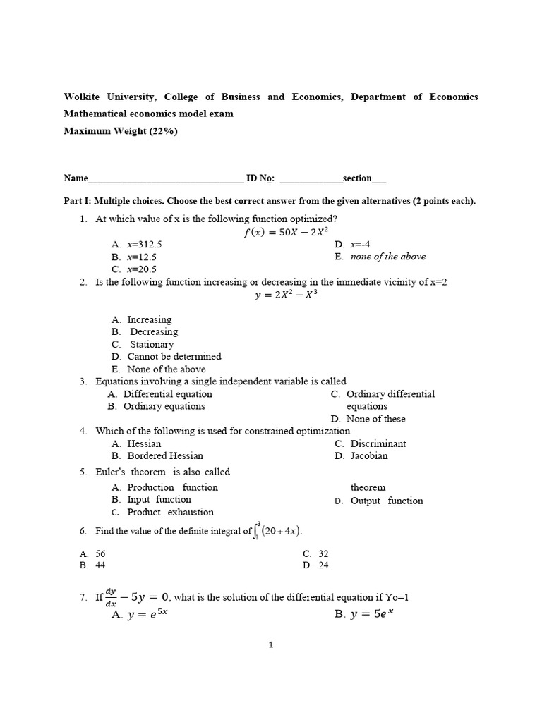 Mathematical Economics Exam Questions | PDF | Production Function ...