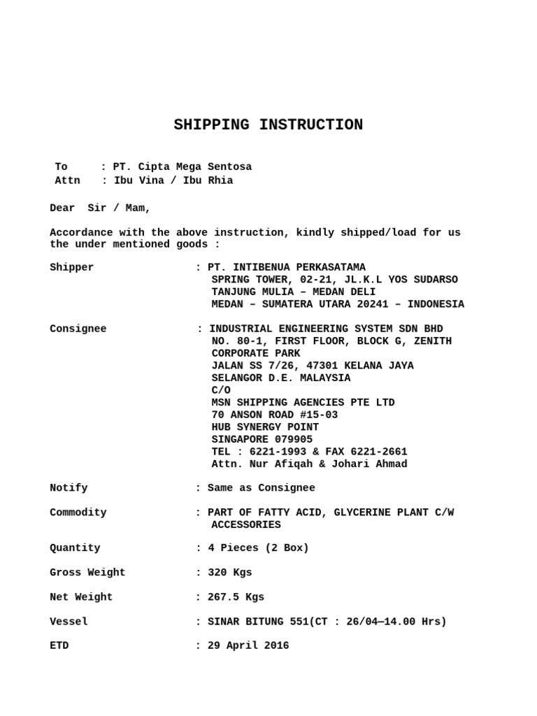 Shipping Instructions for Industrial Goods | PDF