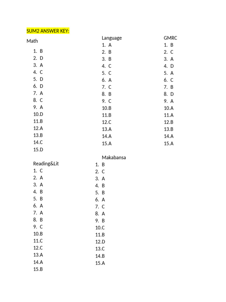 SUM2 Answer Key for Math and Language | PDF