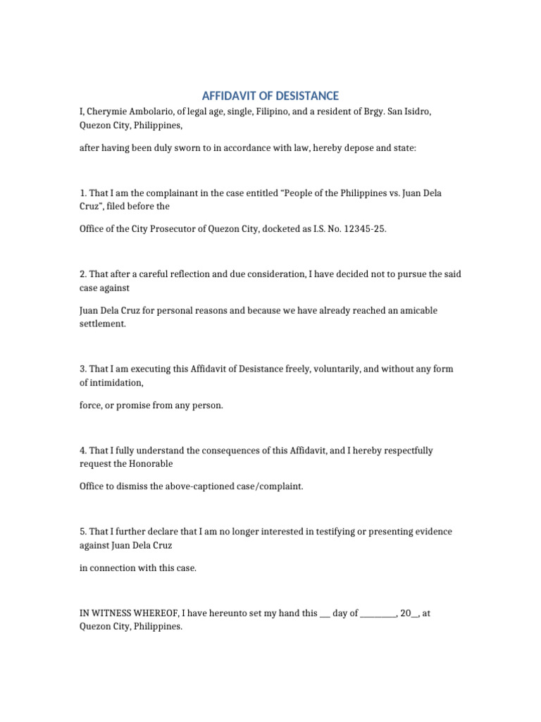 Affidavit of Desistance Template | PDF