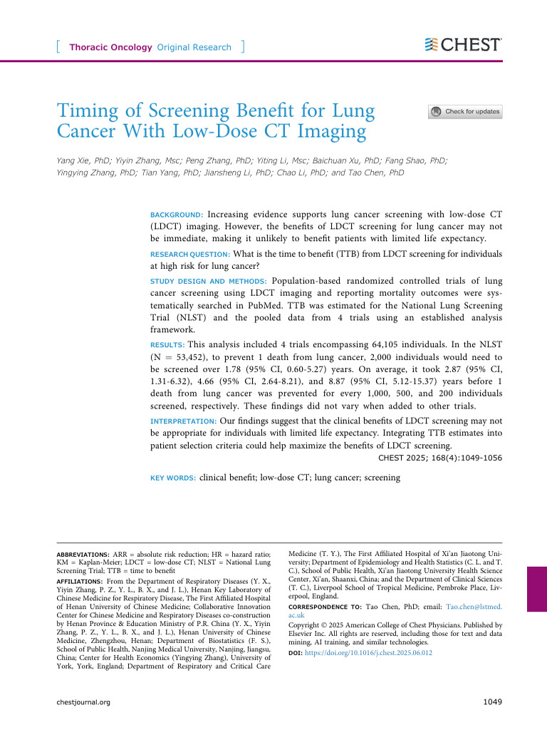 Timing of Screening Benefit For Lung Cancer With Low Dose CT CHEST ...