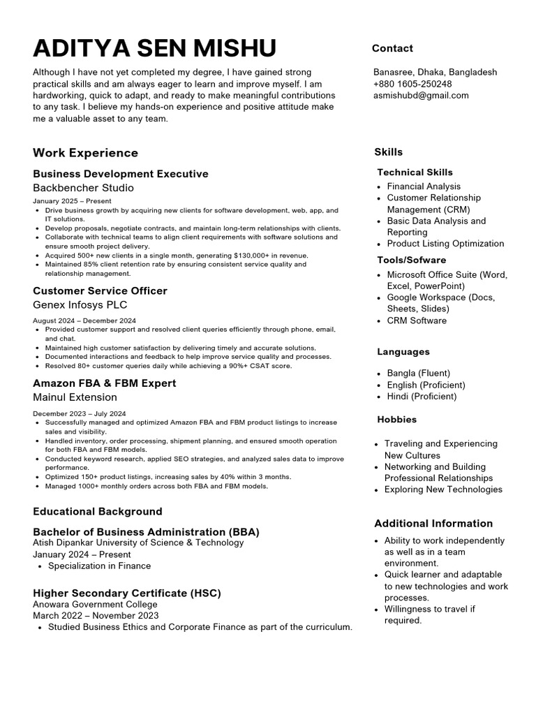 Aditya Sen Mishu CV | PDF | Customer Relationship Management | Human ...
