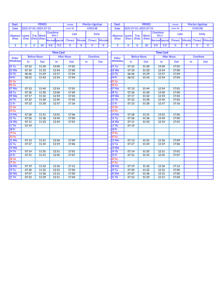 July 2025 Employee Time Cards | PDF