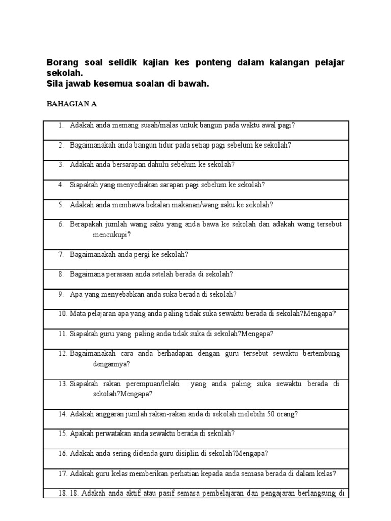 Borang Soal Selidik Kajian Kes Ponteng Dalam Kalangan Pelajar Sekolah Pdf