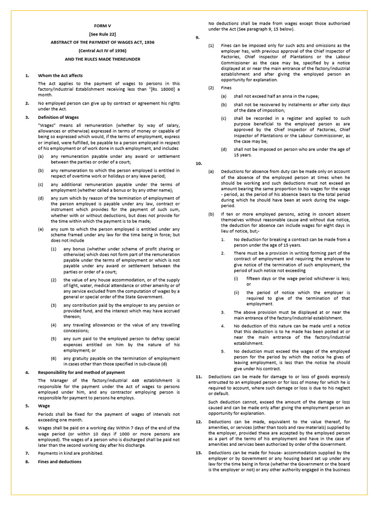 FORM V Payment of Wages Act (English Version) | PDF | Employment | Wage