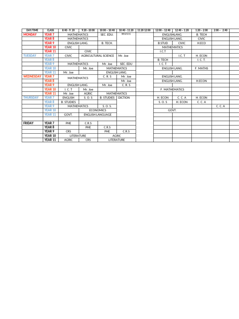 Weekly Class Schedule Overview | PDF