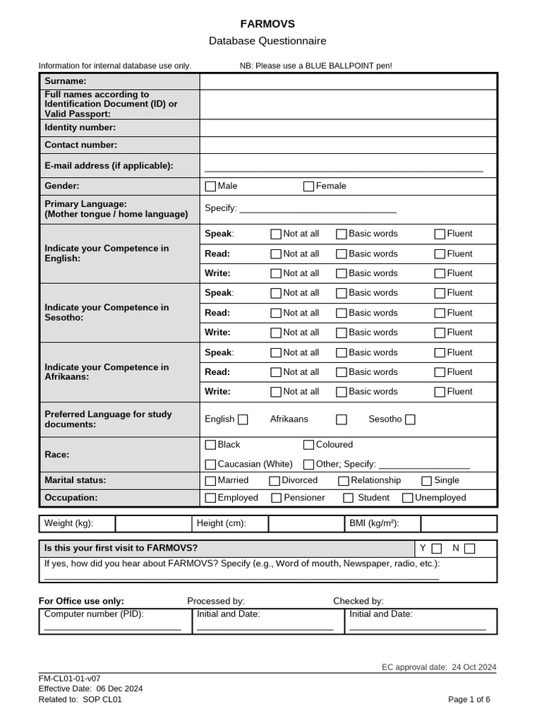 FARMOVS Database Questionnaire Form | PDF | Drink | Birth Control