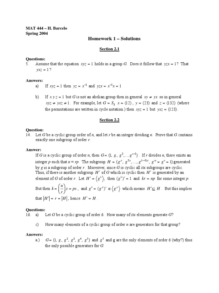 Group Theory Homework Solutions | PDF | Group (Mathematics) | Matrix ...