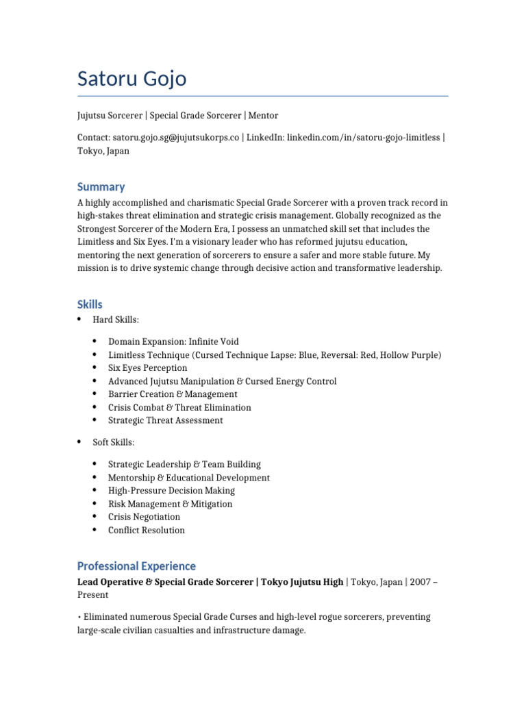 Satoru Gojo AI Resume | PDF