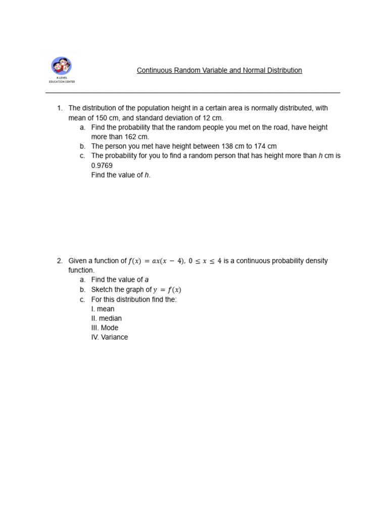 Continuous Random Variable and Normal Distribution | PDF | Normal ...