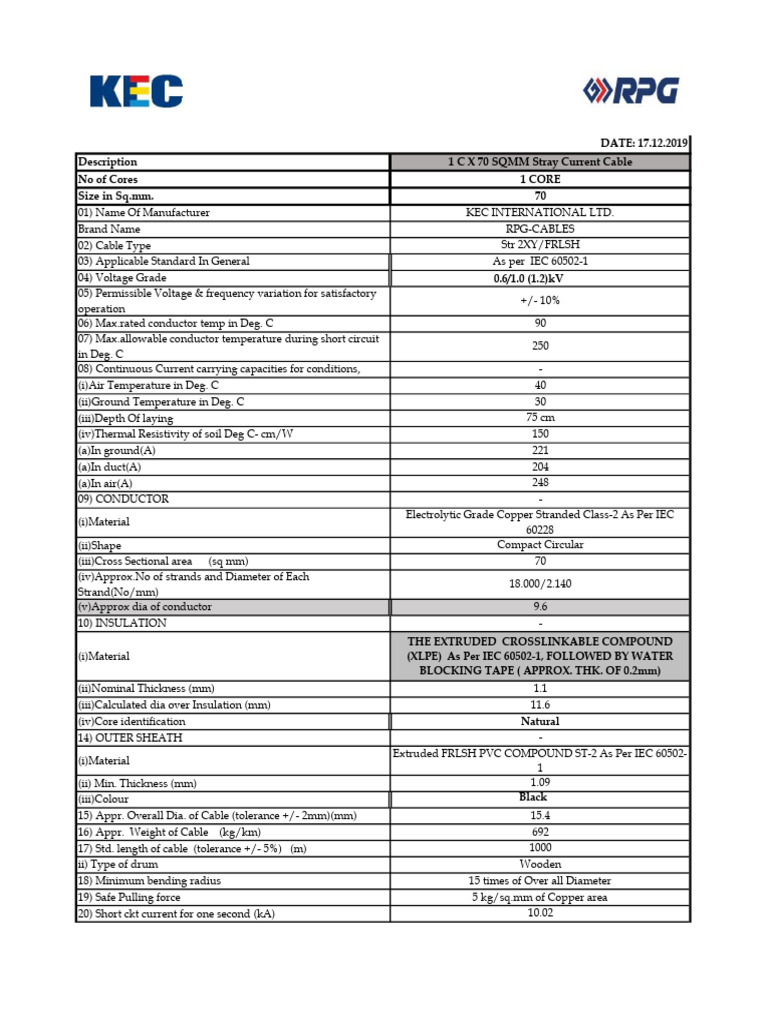 70 SQMM Stray Current Cable Specifications | PDF | Electrical Conductor ...
