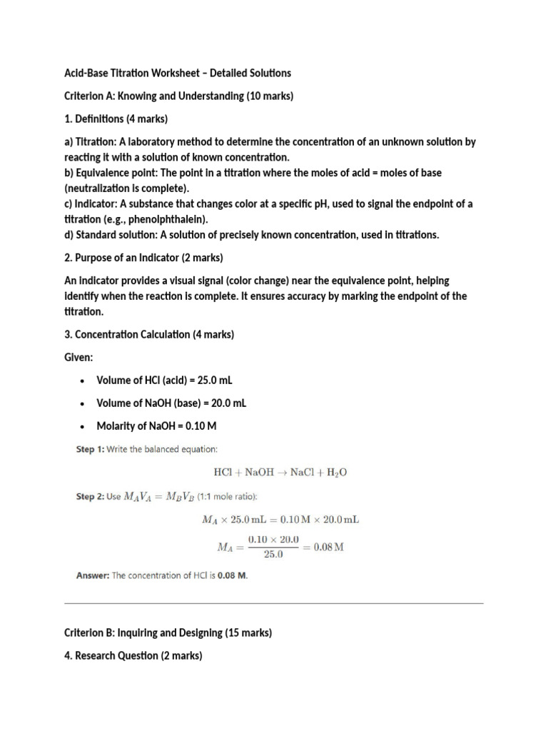 Acid-Base Titration Worksheet Solutions | PDF | Titration | Chemistry