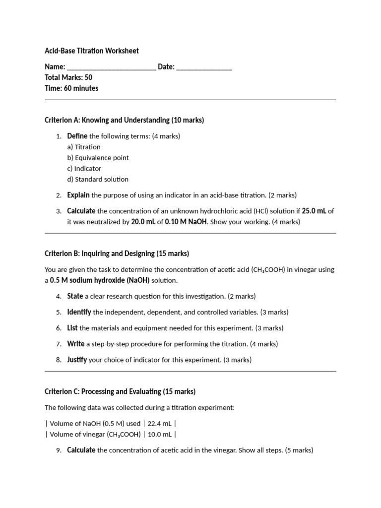 Acid-Base Titration Worksheet Guide | PDF