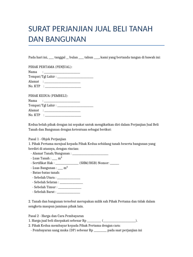 Surat Perjanjian Jual Beli Tanah Bangunan | PDF