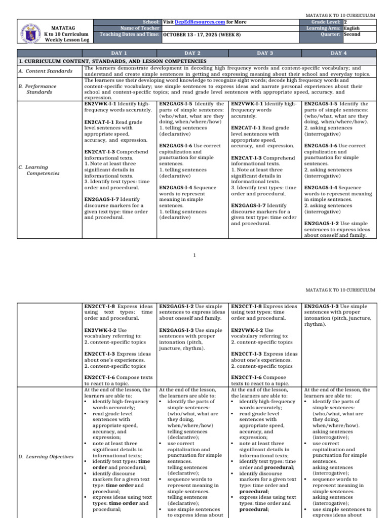 DLL Matatag English 2 q2 w8 | PDF | Vocabulary | Sentence (Linguistics)