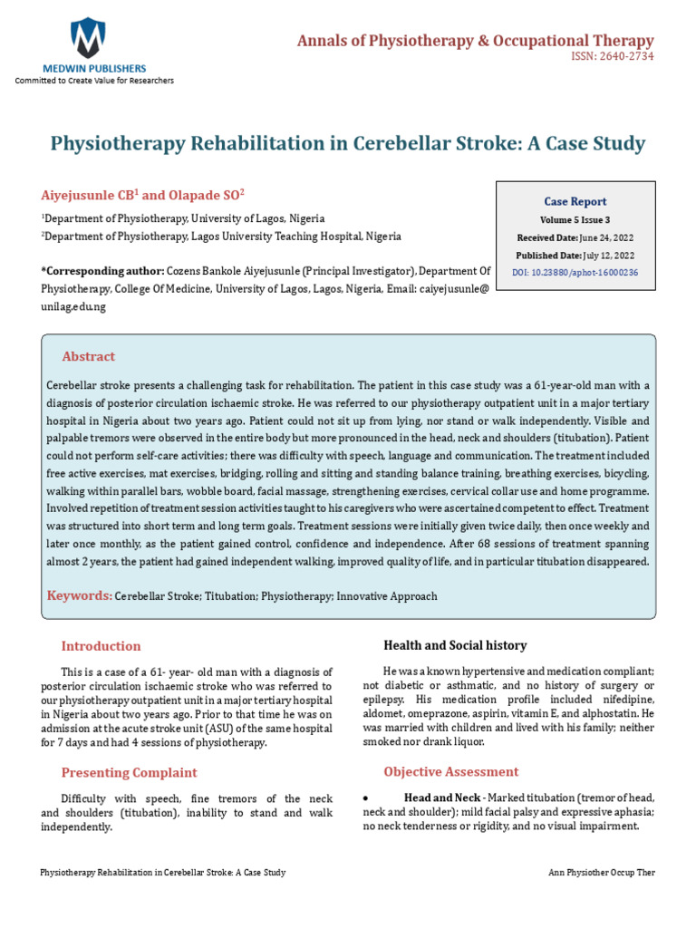 Cerebellar Stroke Rehabilitation Case Study | PDF | Physical Therapy ...