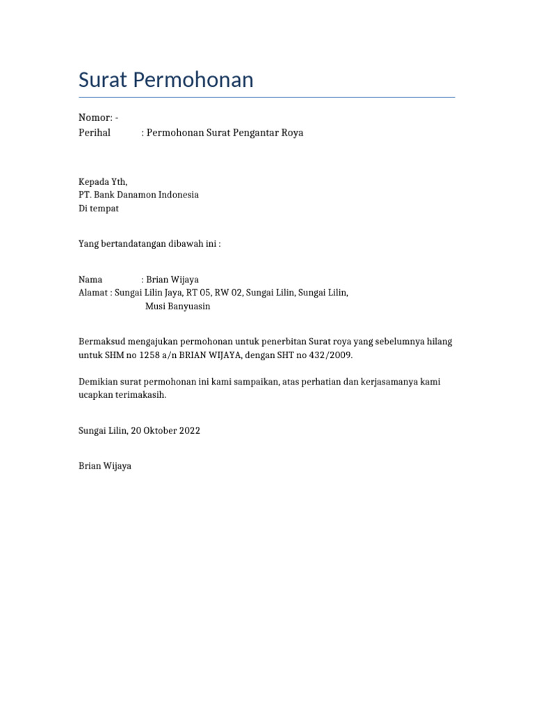 Permohonan Surat Roya Brian Wijaya | PDF