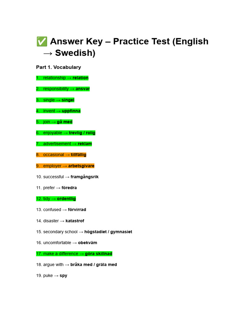 English-Swedish Vocabulary Answer Key | PDF | Chess Theory | Chess