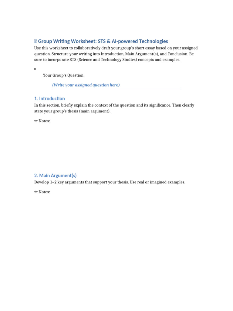 STS AI Group Writing Worksheet | PDF
