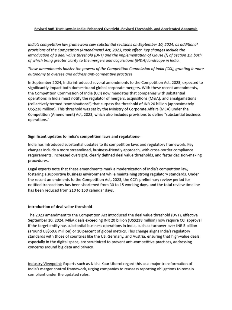 India’s Revised Anti-Trust Laws 2024 | PDF | Mergers And Acquisitions ...