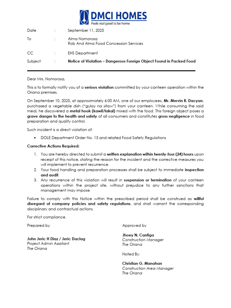 Food Safety Violation Notice: Metal Object Found | PDF