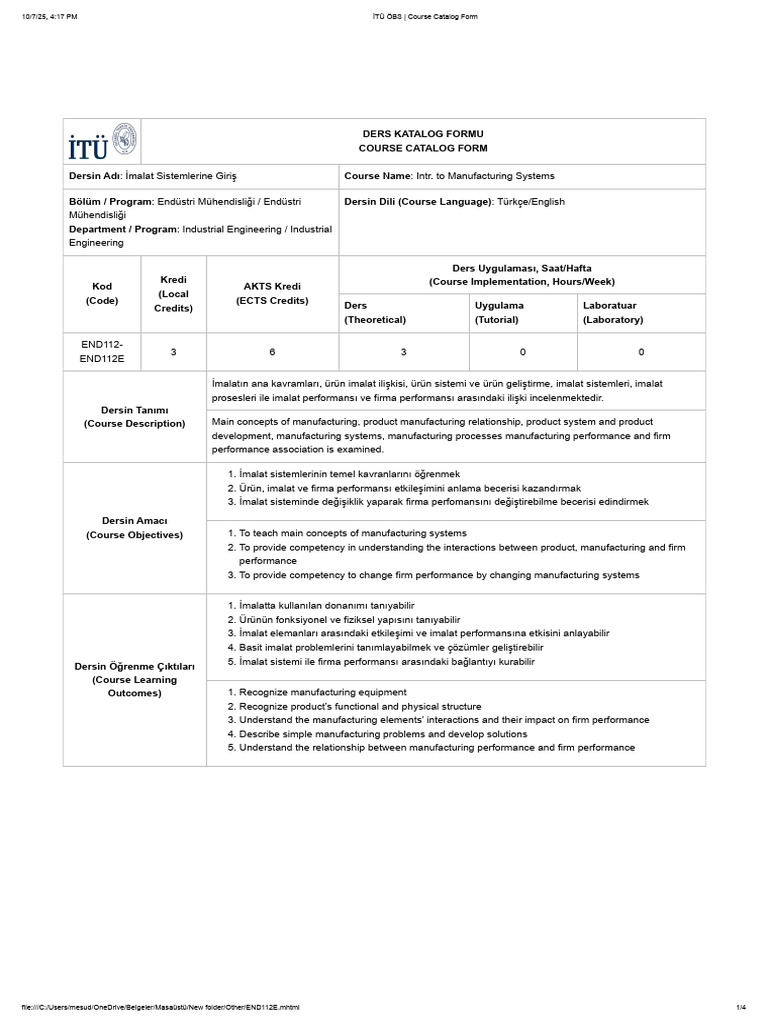 END112E - Intr. To Manufacturing Systems | PDF