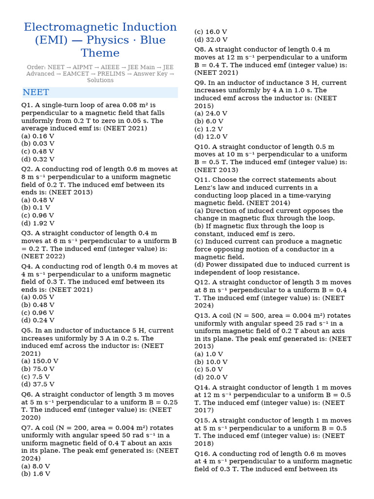 Electromagnetic Induction Problems for NEET | PDF | Electromagnetic ...