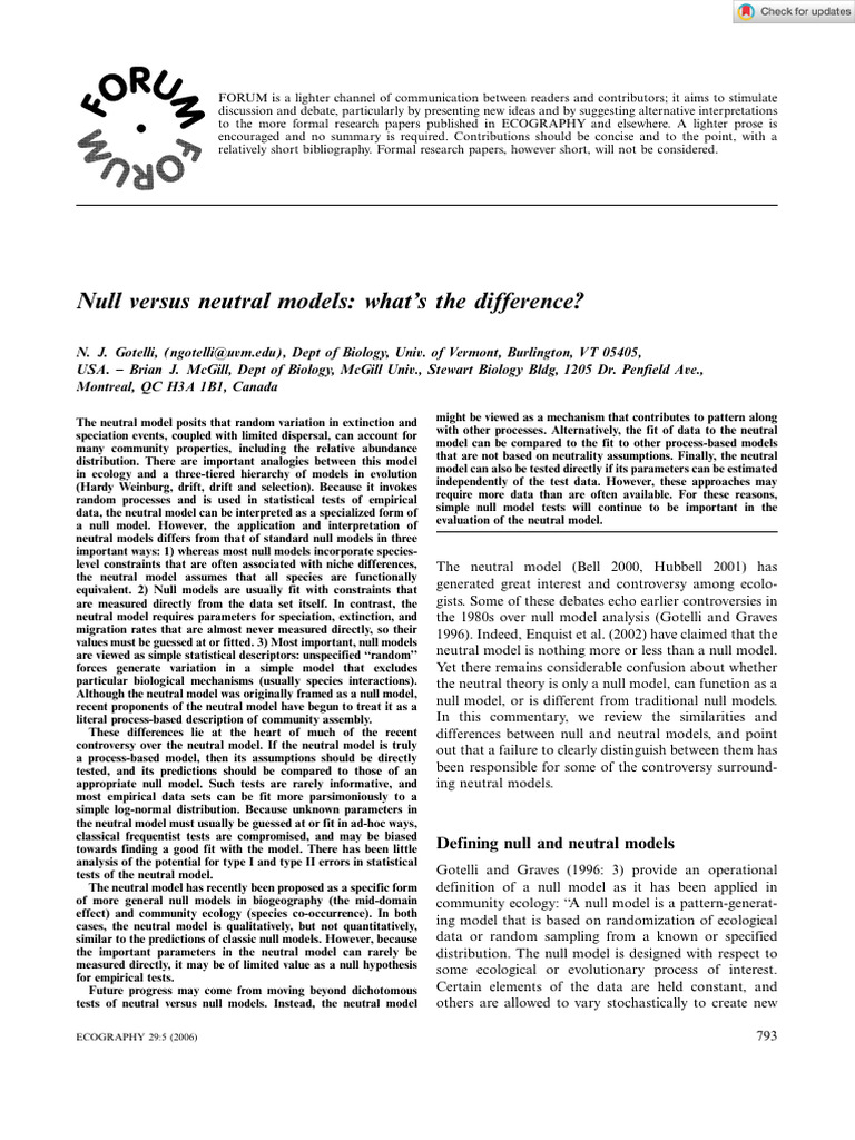 Ecography - 2006 - Gotelli - Null Versus Neutral Models What S The ...