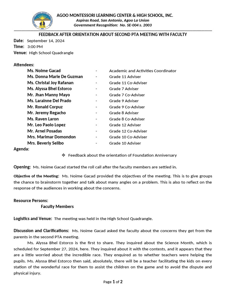 PTA Meeting Feedback Summary 2024 | PDF