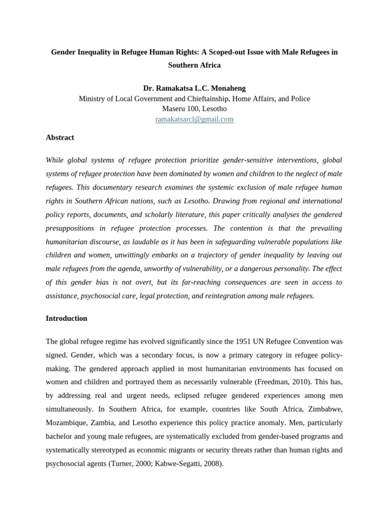 Male Refugee Rights in Southern Africa | PDF | Refugee | Gender