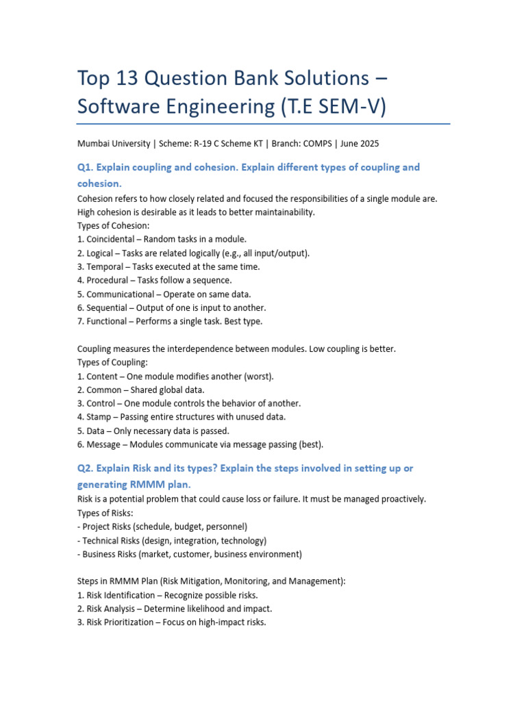 Top 13 Software Engineering Question Bank | PDF | Risk | Software